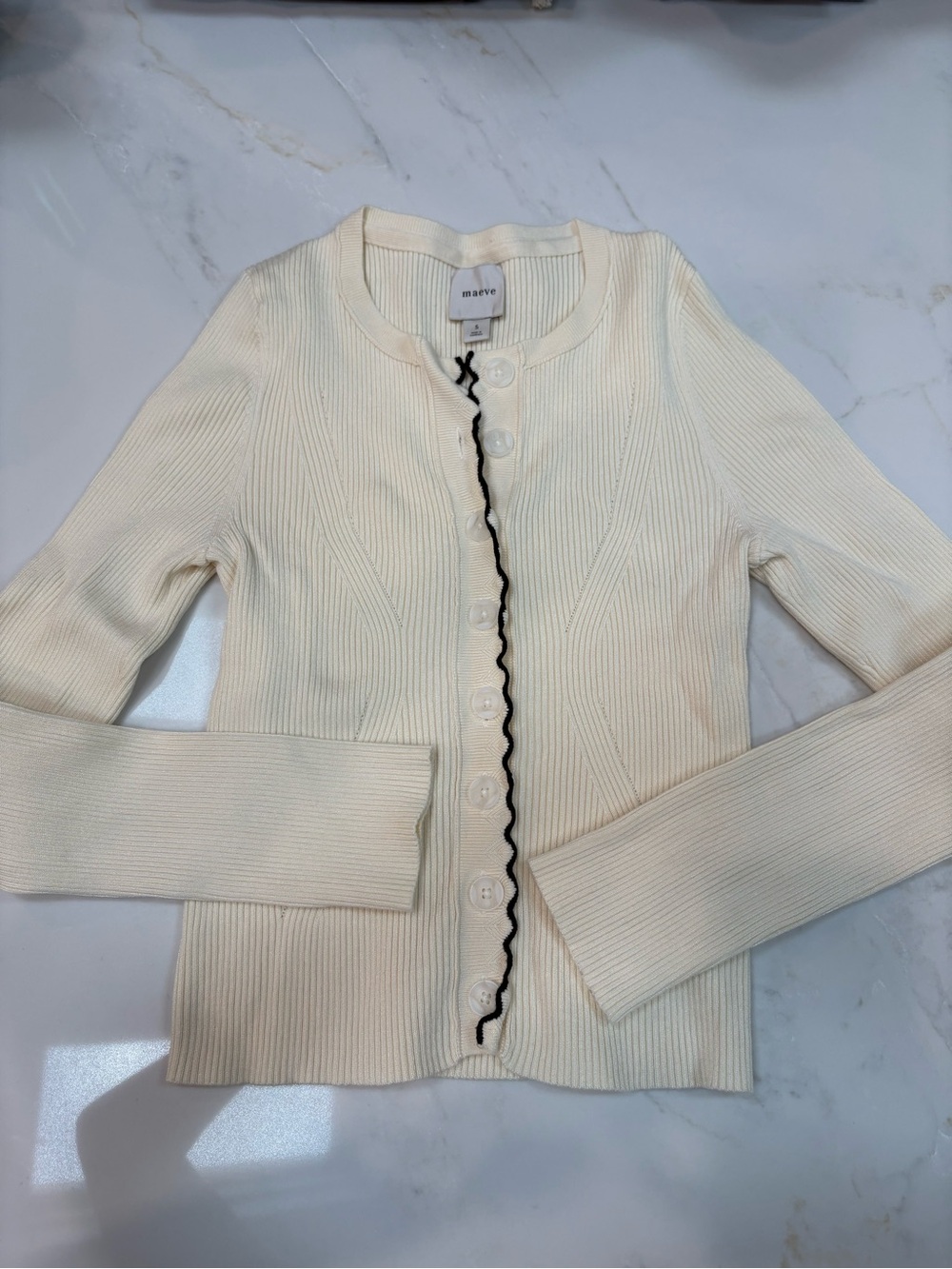 Maeve Cream Ribbed Cardigan with Black Scallop Trim